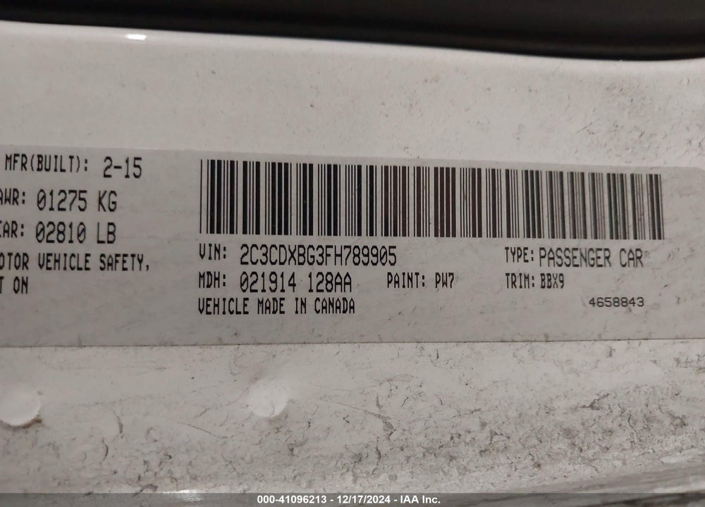 2015 DODGE CHARGER VIN: 2C3CDXBG3FH789905