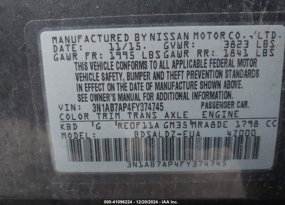 2015 NISSAN SENTRA SV VIN: 3N1AB7AP4FY374745