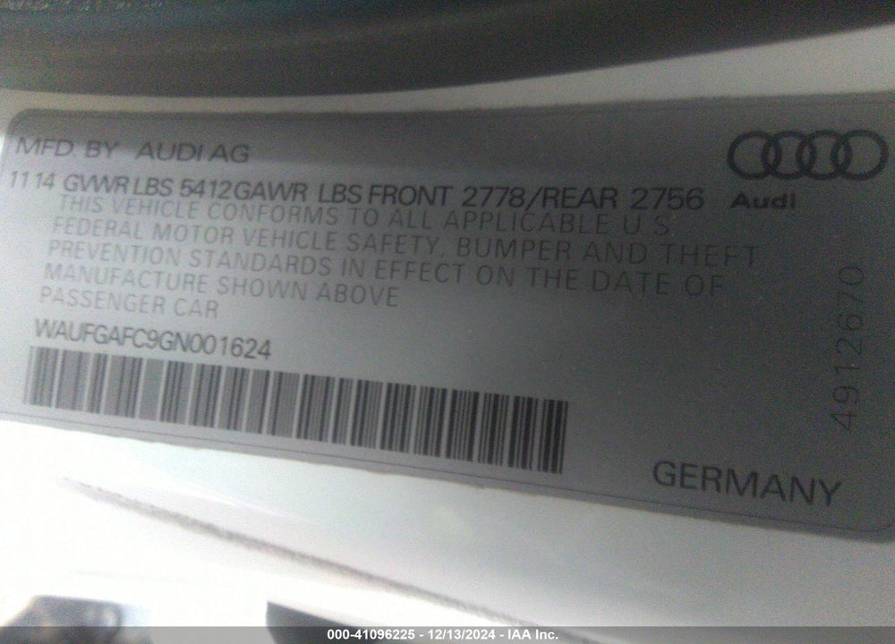 2016 AUDI A6 3.0T PREMIUM PLUS VIN: WAUFGAFC9GN001624