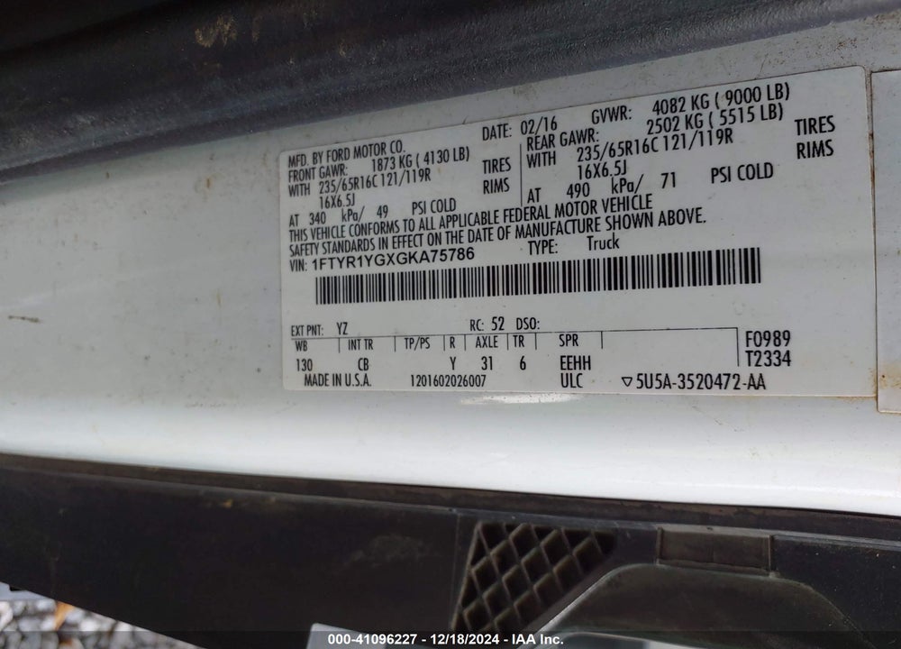 2016 FORD TRANSIT-250 VIN: 1FTYR1YGXGKA75786