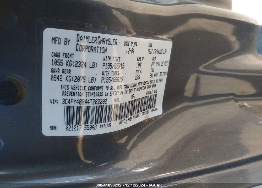 2004 CHRYSLER PT CRUISER VIN: 3C4FY48B44T282202