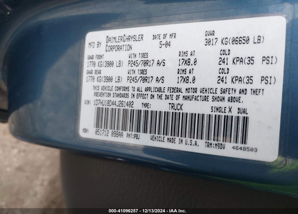 2004 DODGE RAM 1500 SLT/LARAMIE VIN: 1D7HU18D44J261402