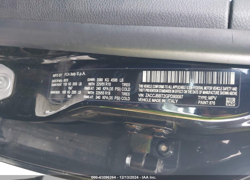 2016 JEEP RENEGADE JUSTICE VIN: ZACCJBBT2GPD90097