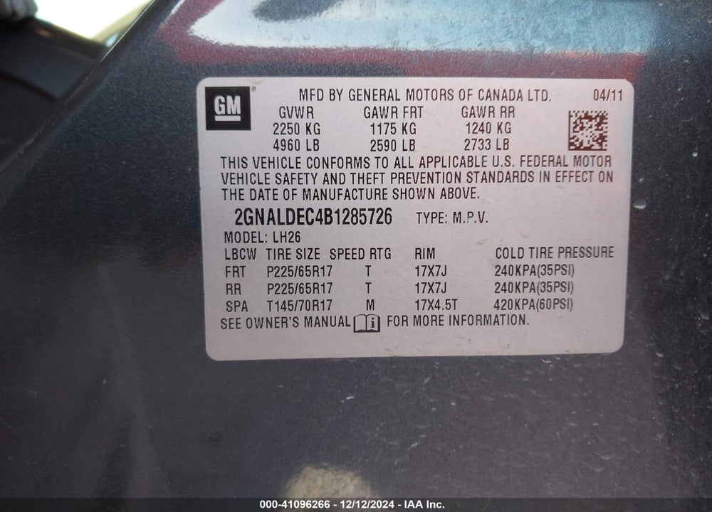 2011 CHEVROLET EQUINOX 1LT VIN: 2GNALDEC4B1285726