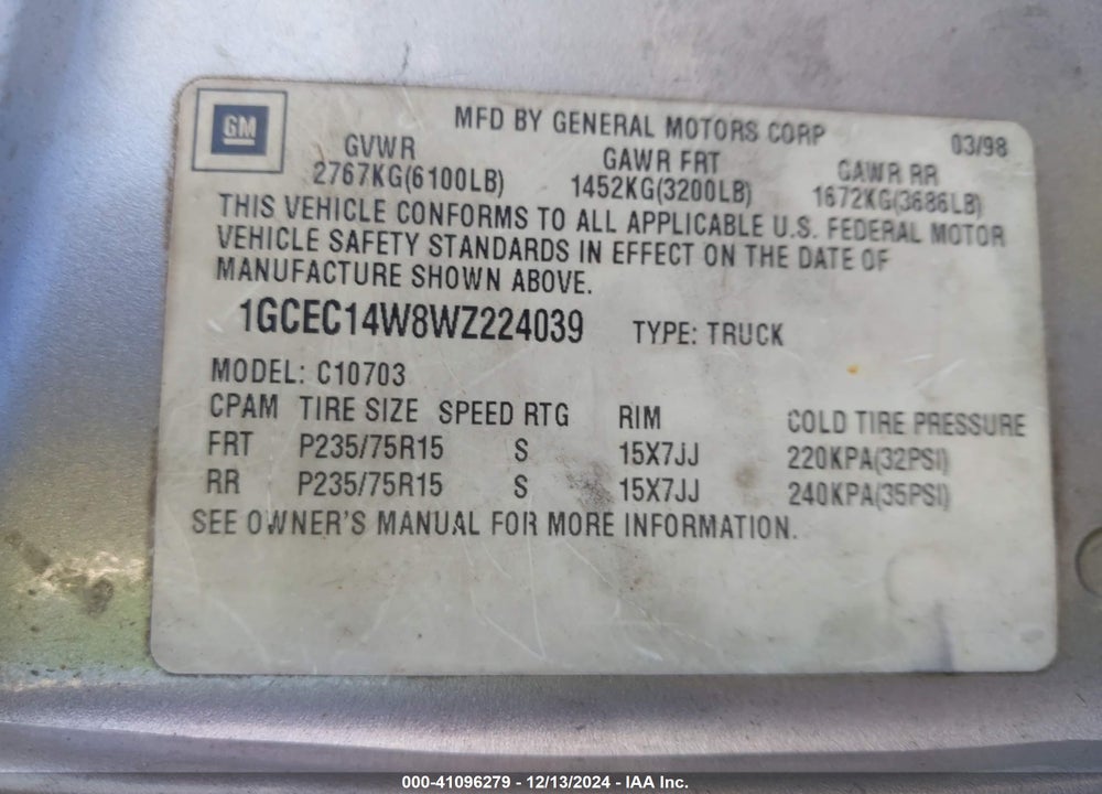 1998 CHEVROLET C1500 FLEETSIDE W/T VIN: 1GCEC14W8WZ224039