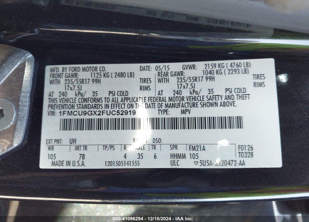 2015 FORD ESCAPE SE VIN: 1FMCU9GX2FUC52919