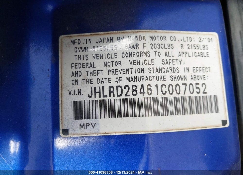 2001 HONDA CR-V LX VIN: JHLRD28461C007052