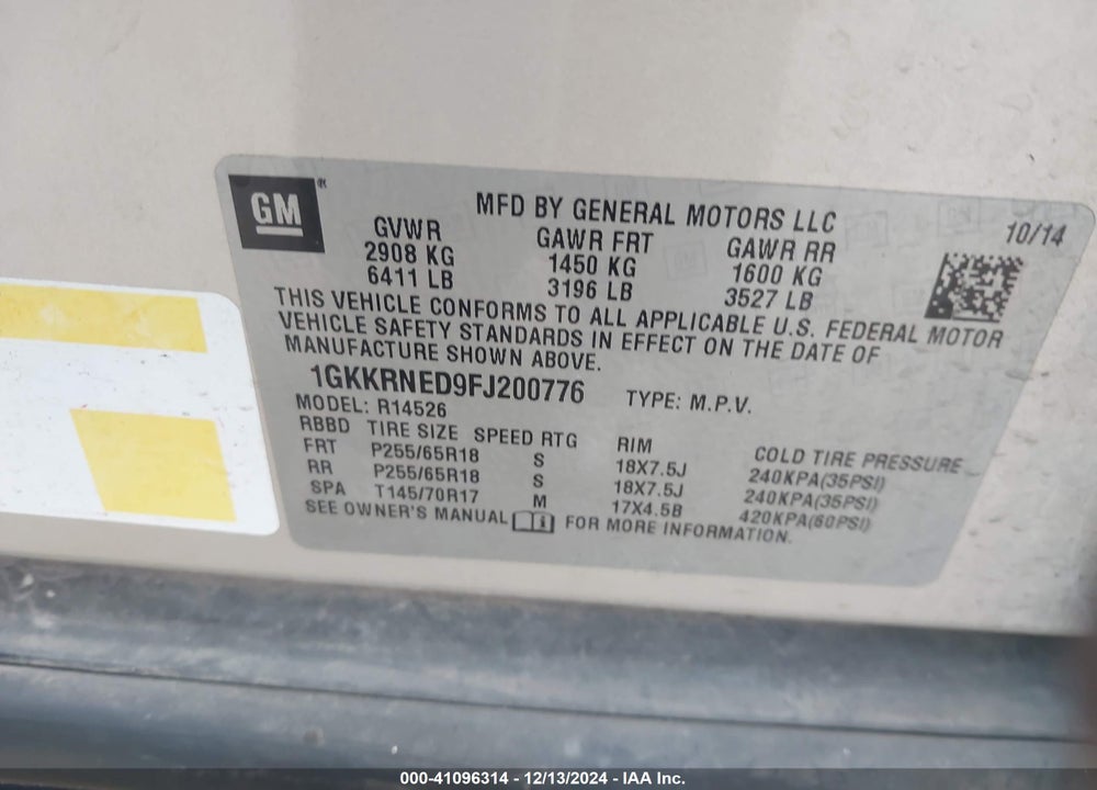 2015 GMC ACADIA SLE-1 VIN: 1GKKRNED9FJ200776
