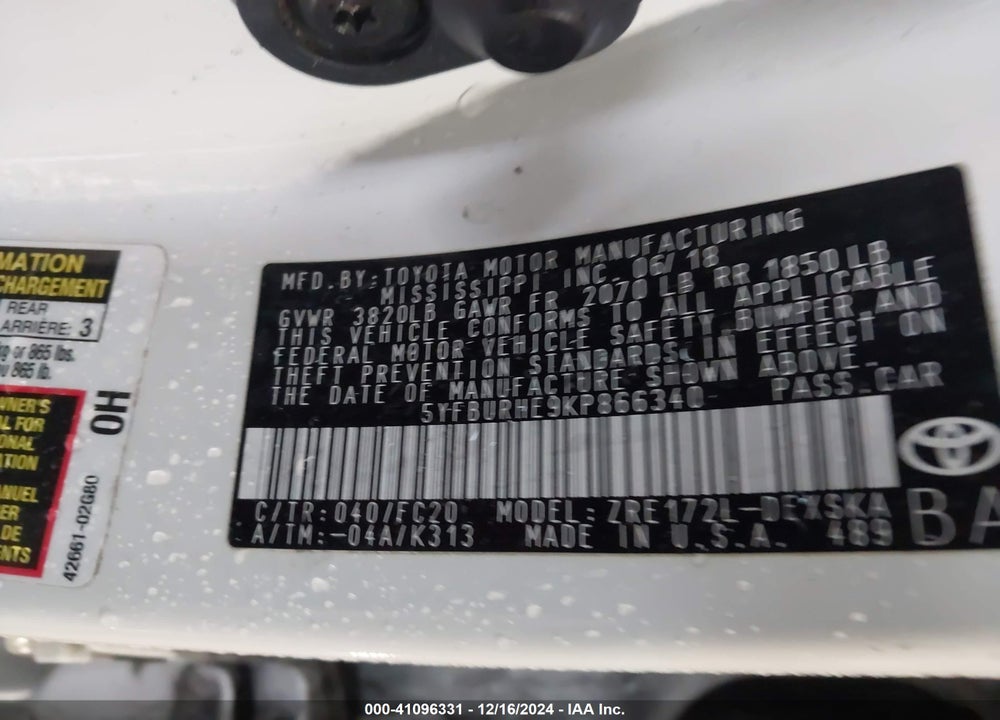 2019 TOYOTA COROLLA SE VIN: 5YFBURHE9KP866340