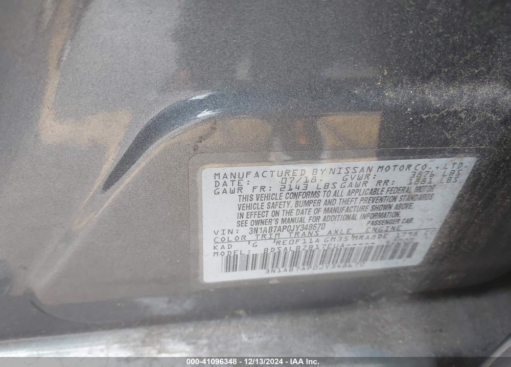 2018 NISSAN SENTRA VIN: 3N1AB7AP0JY348670