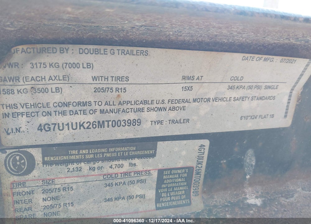 2021 DOUBLE G TRAILERS 6X1024 FLAT 1B VIN: 4G7U1UK26MT003989