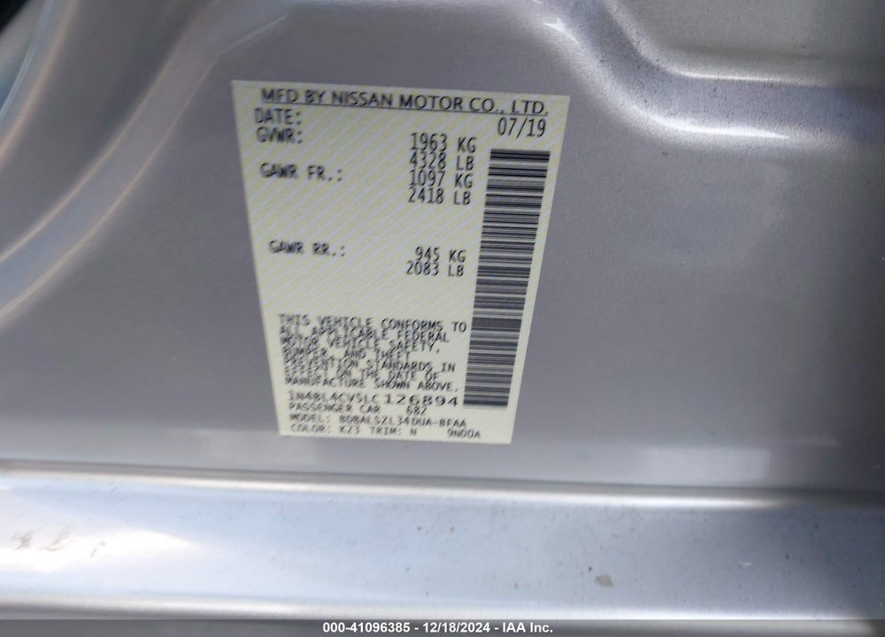 2020 NISSAN ALTIMA SR FWD VIN: 1N4BL4CV5LC126894