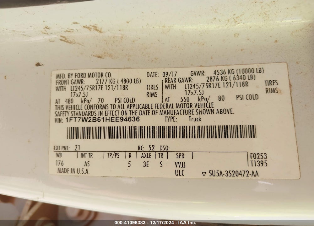 2017 FORD F-250 VIN: 1FT7W2B61HEE94636