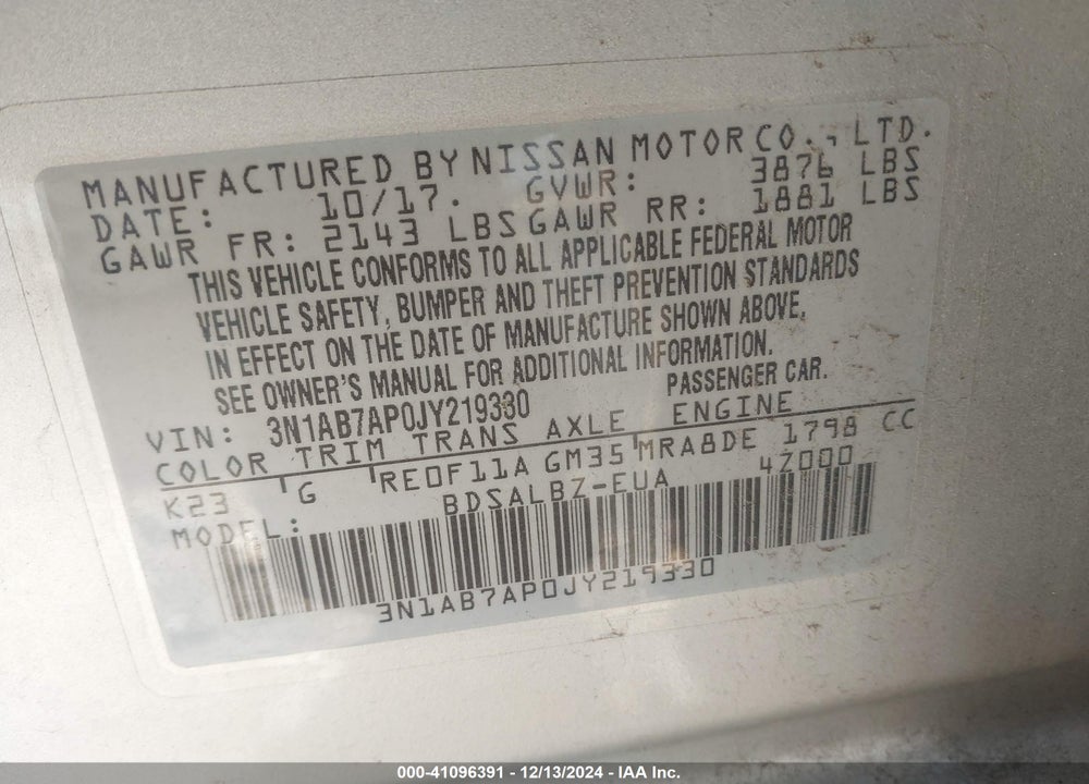 2018 NISSAN SENTRA VIN: 3N1AB7AP0JY219330