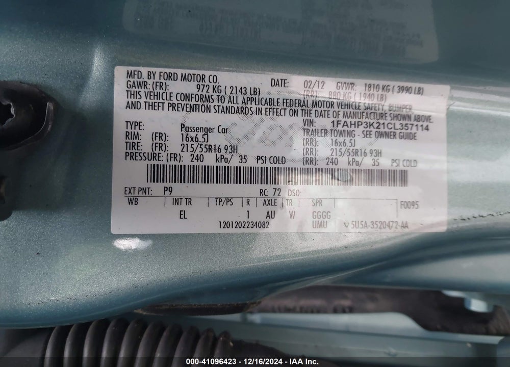 2012 FORD FOCUS SE VIN: 1FAHP3K21CL357114