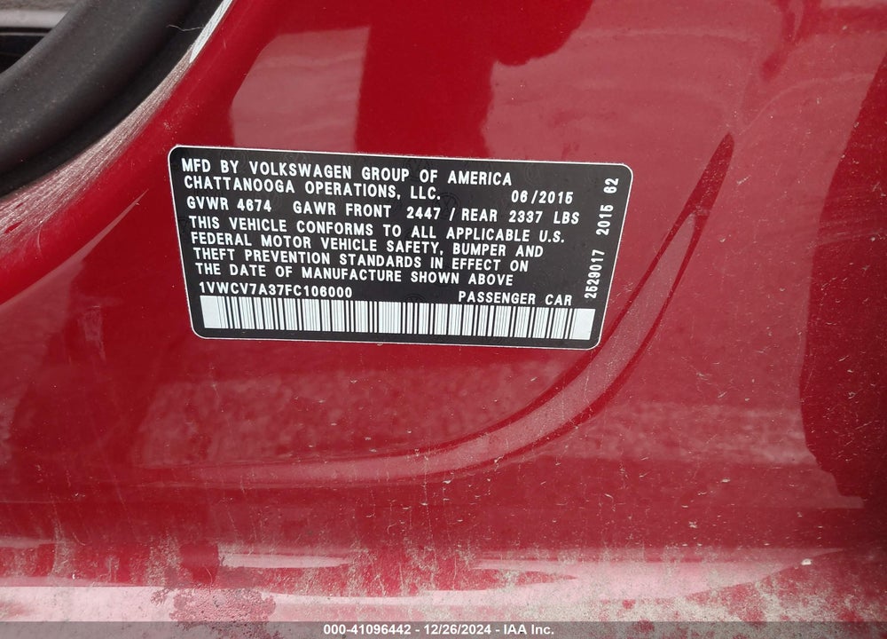 2015 VOLKSWAGEN PASSAT VIN: 1VWCV7A37FC106000