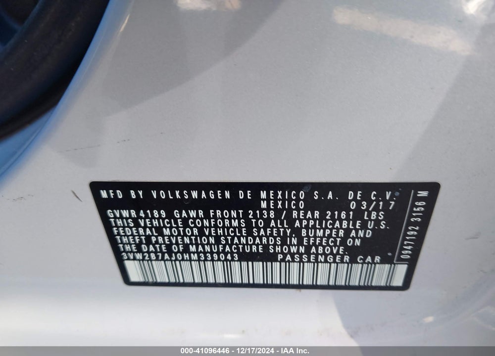 2017 VOLKSWAGEN JETTA VIN: 3VW2B7AJ0HM339043