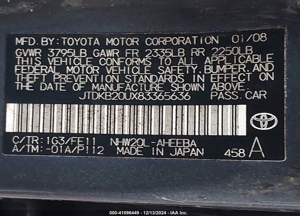 2008 TOYOTA PRIUS VIN: JTDKB20UX83365636