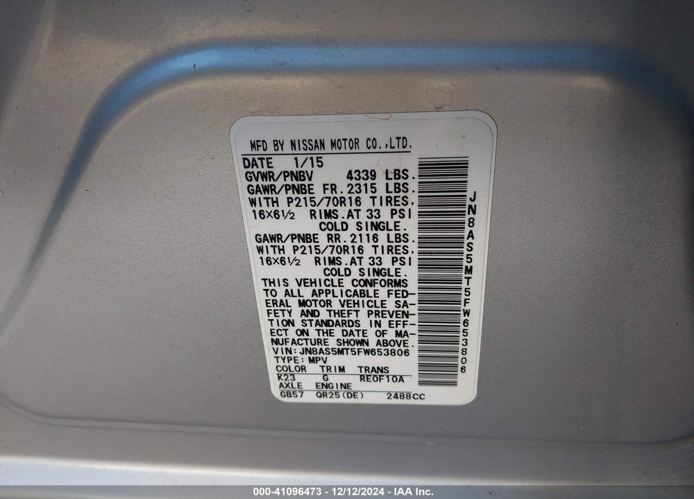 2015 NISSAN ROGUE SELECT S VIN: JN8AS5MT5FW653806