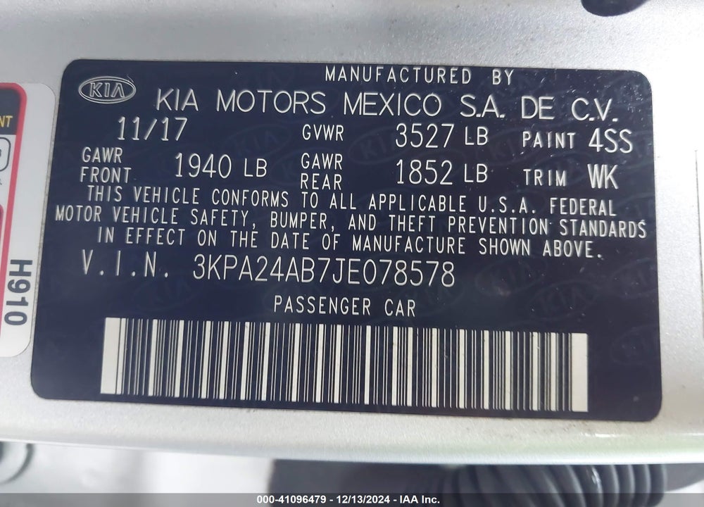 2018 KIA RIO LX VIN: 3KPA24AB7JE078578