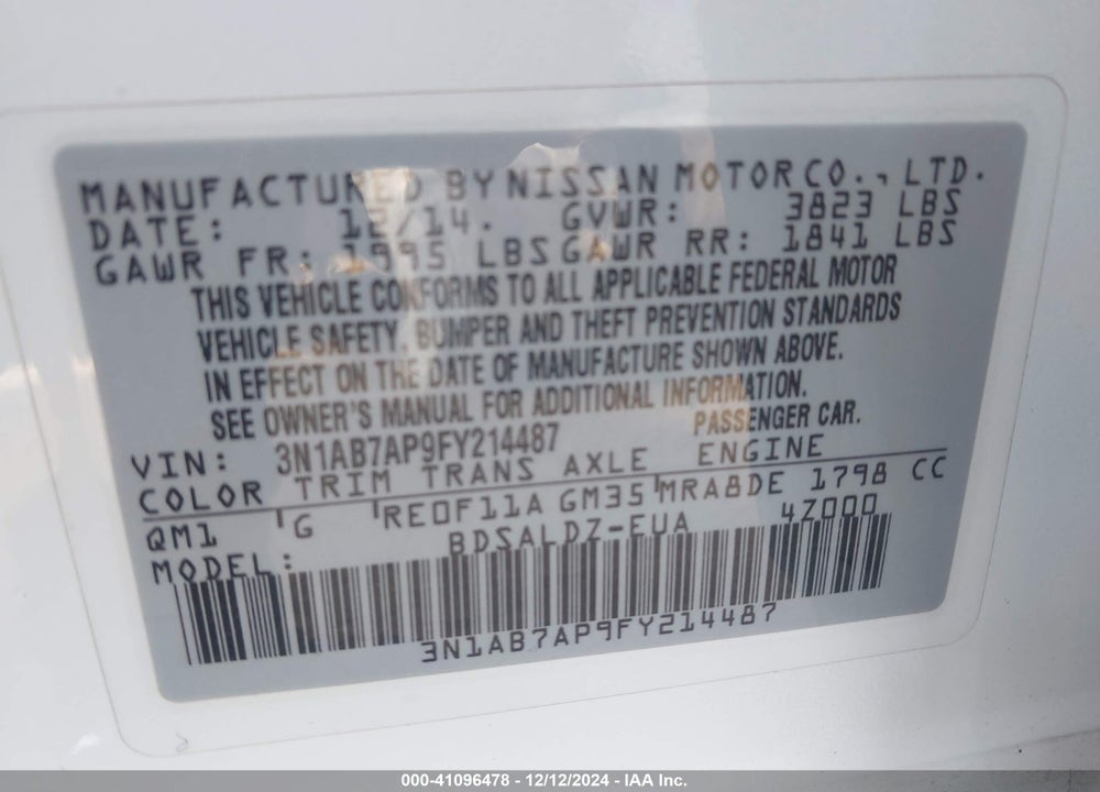 2015 NISSAN SENTRA SV VIN: 3N1AB7AP9FY214487