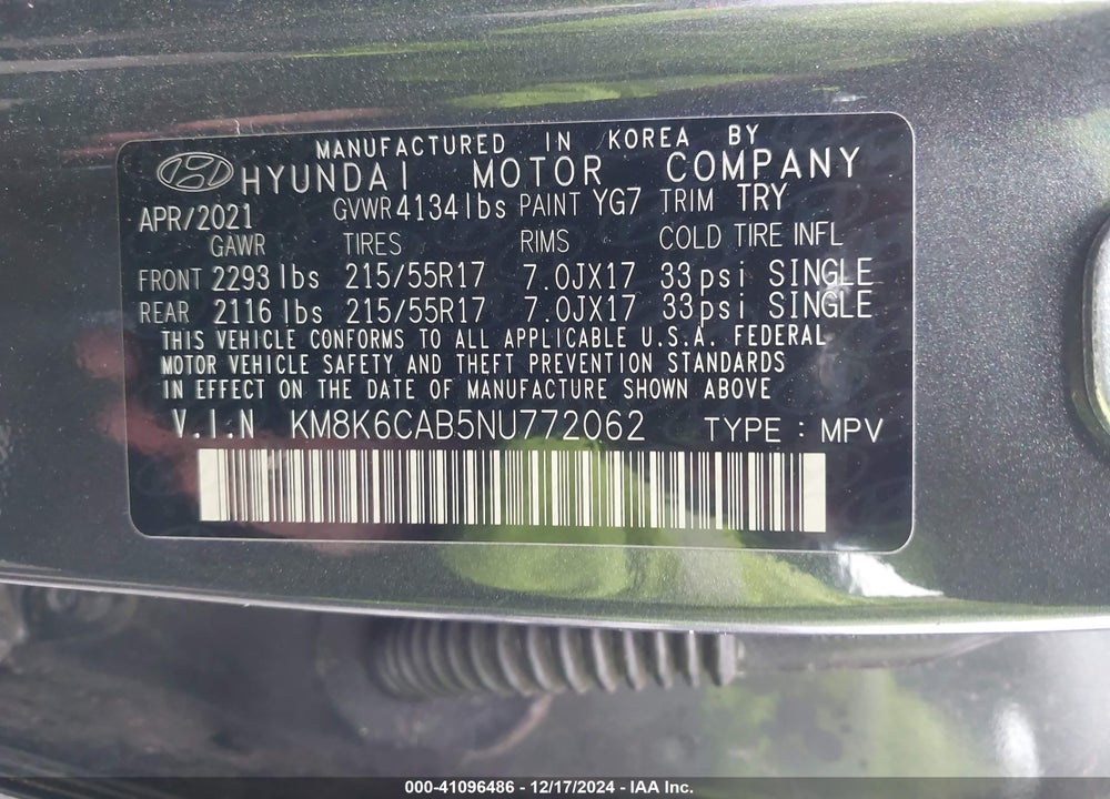 2022 HYUNDAI KONA VIN: KM8K6CAB5NU772062