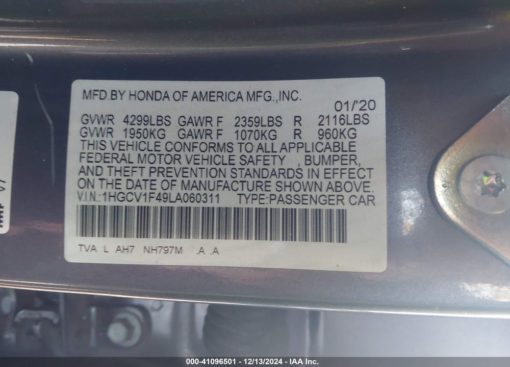 2020 HONDA ACCORD VIN: 1HGCV1F49LA060311