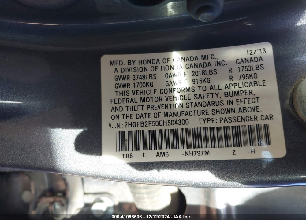 2014 HONDA CIVIC VIN: 2HGFB2F50EH504300