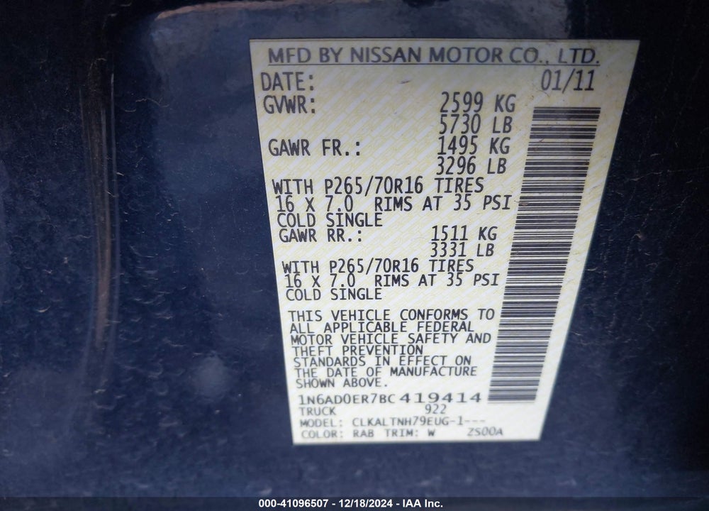 2011 NISSAN FRONTIER SV VIN: 1N6AD0ER7BC419414
