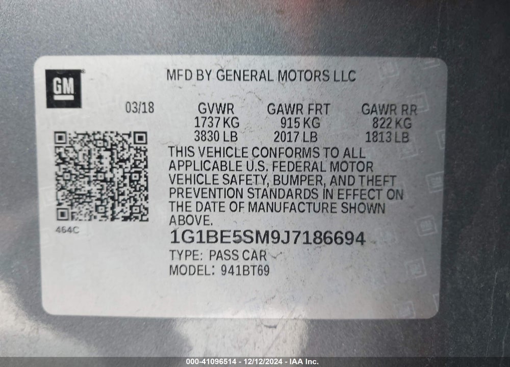 2018 CHEVROLET CRUZE LT AUTO VIN: 1G1BE5SM9J7186694