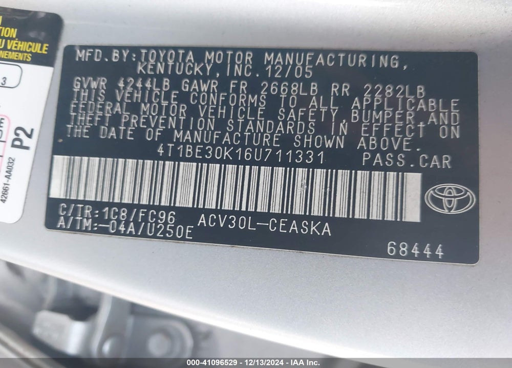 2006 TOYOTA CAMRY SE VIN: 4T1BE30K16U711331