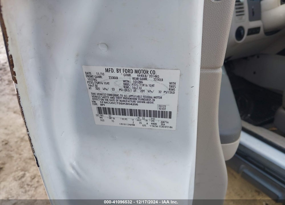 2011 FORD ESCAPE XLS VIN: 1FMCU0C75BKB04206