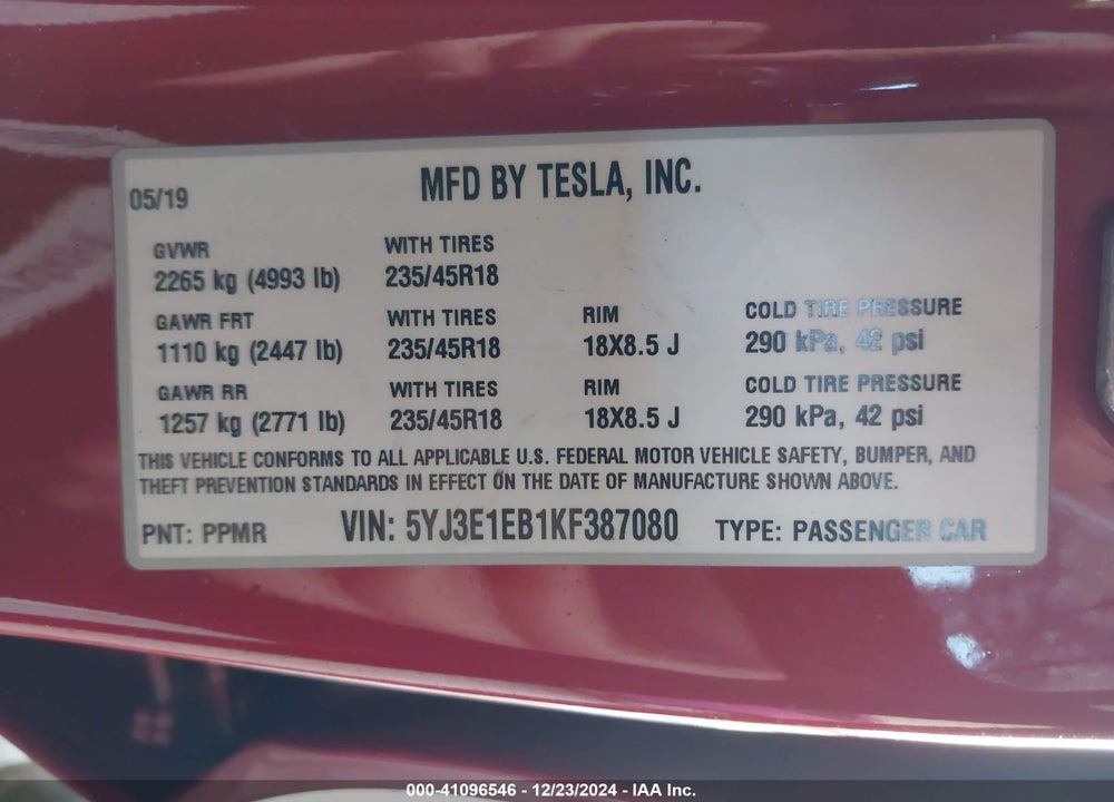 2019 TESLA MODEL 3 LONG RANGE/PERFORMANCE VIN: 5YJ3E1EB1KF387080