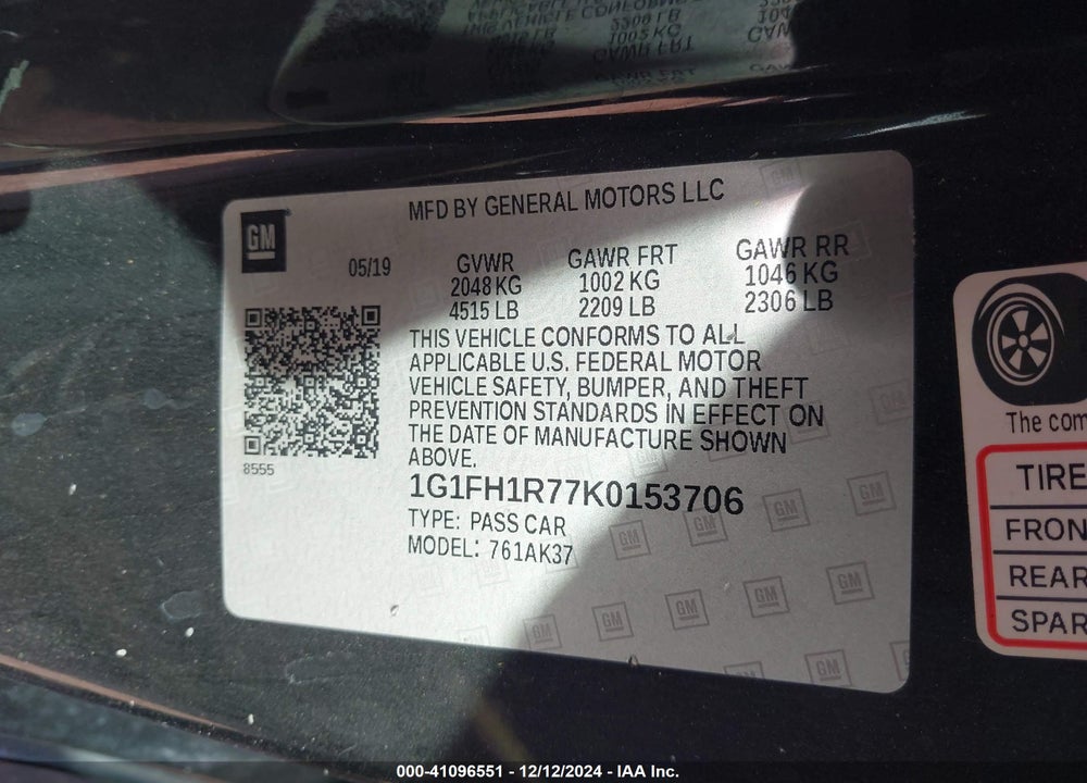 2019 CHEVROLET CAMARO 2SS VIN: 1G1FH1R77K0153706