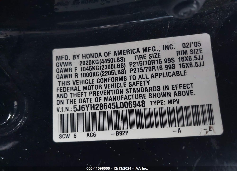 2005 HONDA ELEMENT EX VIN: 5J6YH28645L006948