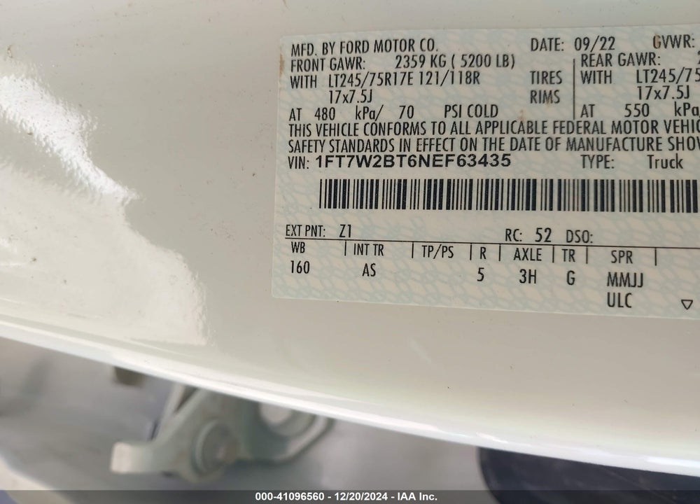 2022 FORD F-250 XL VIN: 1FT7W2BT6NEF63435