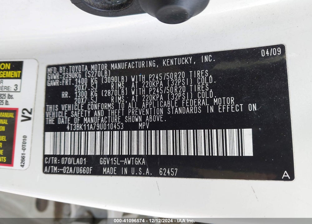 2009 TOYOTA VENZA BASE V6 VIN: 4T3BK11A79U010453