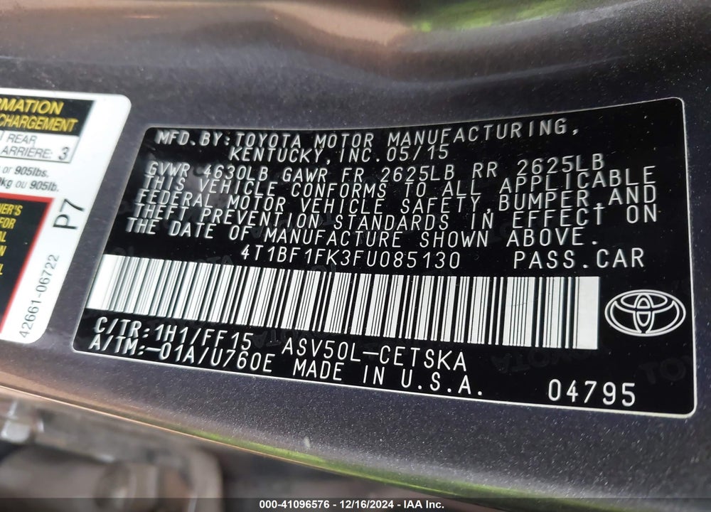 2015 TOYOTA CAMRY VIN: 4T1BF1FK3FU085130