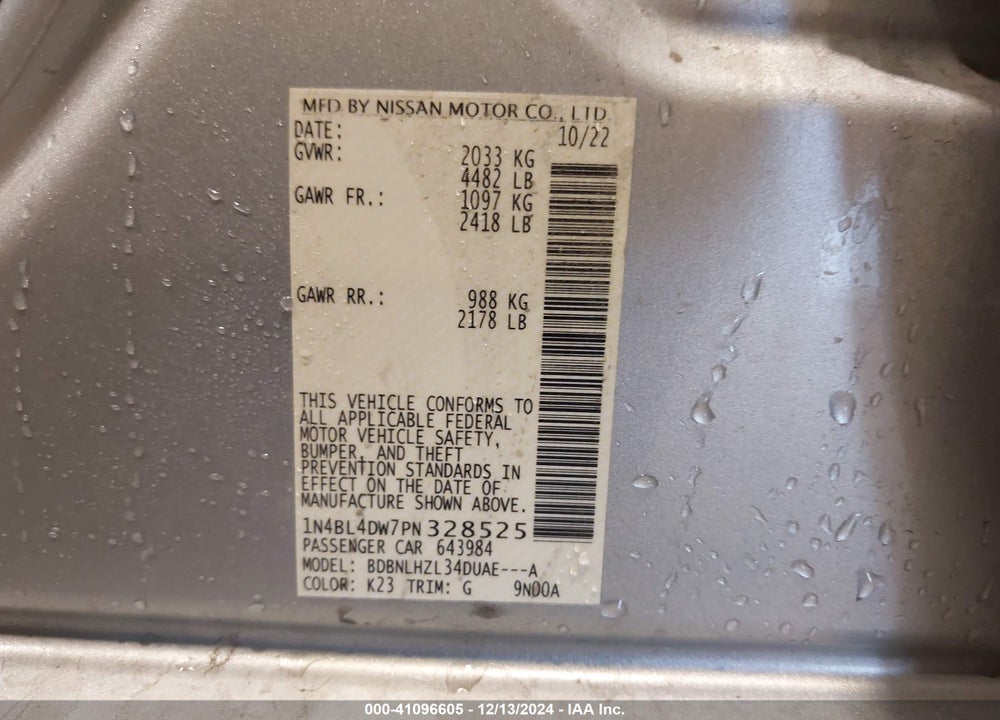 2023 NISSAN ALTIMA VIN: 1N4BL4DW7PN328525