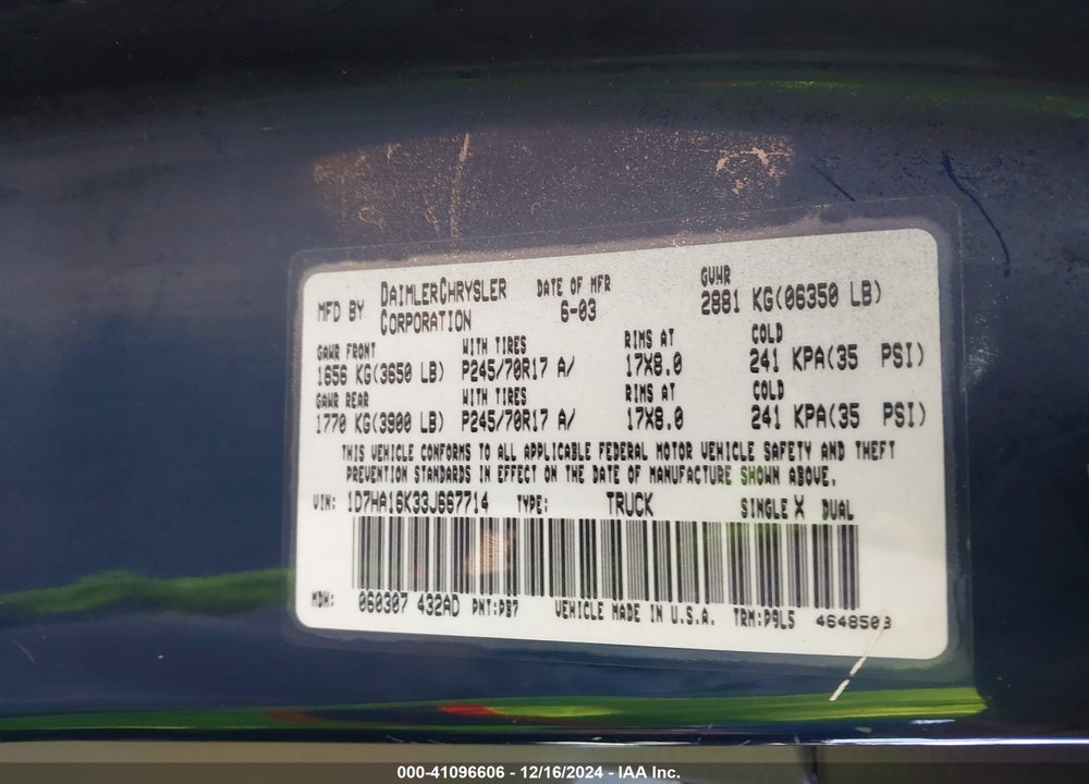 2003 DODGE RAM 1500 ST VIN: 1D7HA16K33J667714