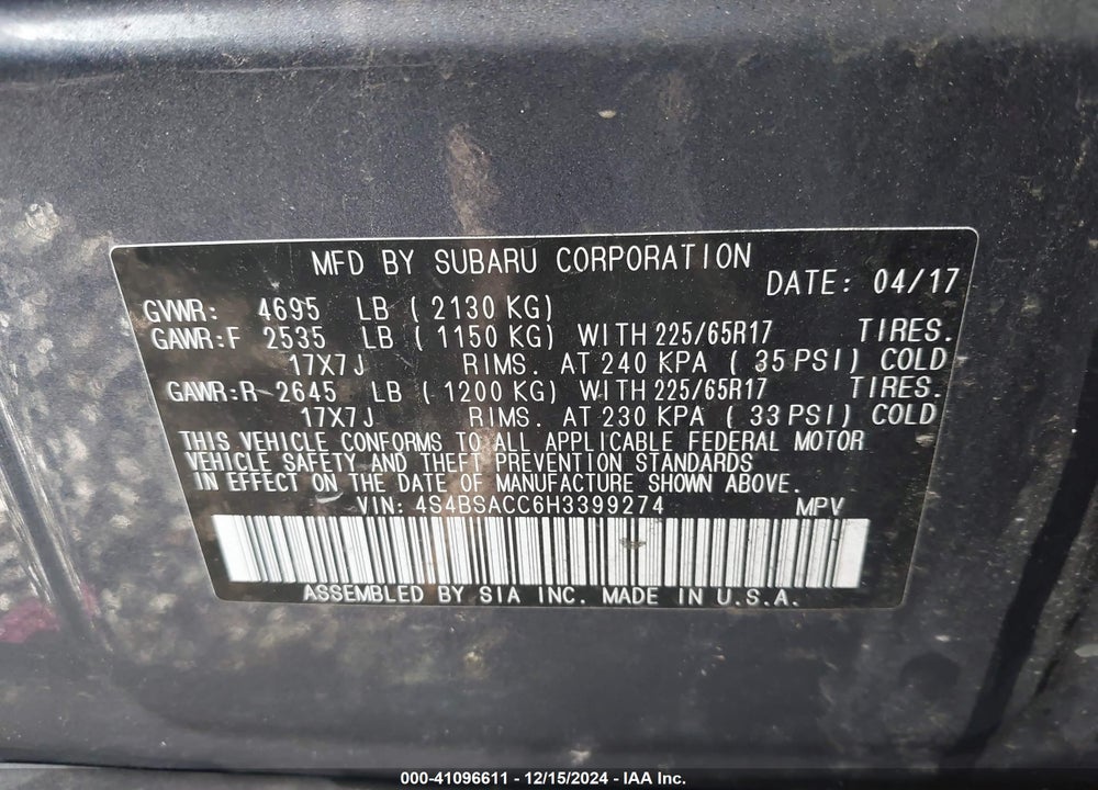 2017 SUBARU OUTBACK 2.5I PREMIUM VIN: 4S4BSACC6H3399274