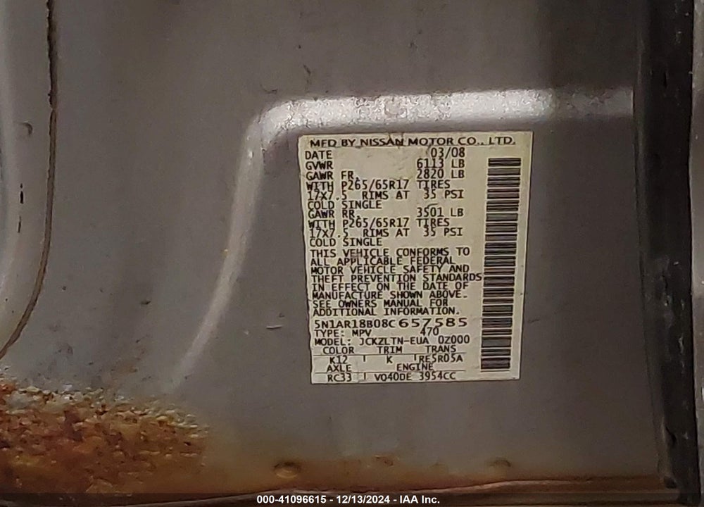 2008 NISSAN PATHFINDER SE VIN: 5N1AR18B08C657585