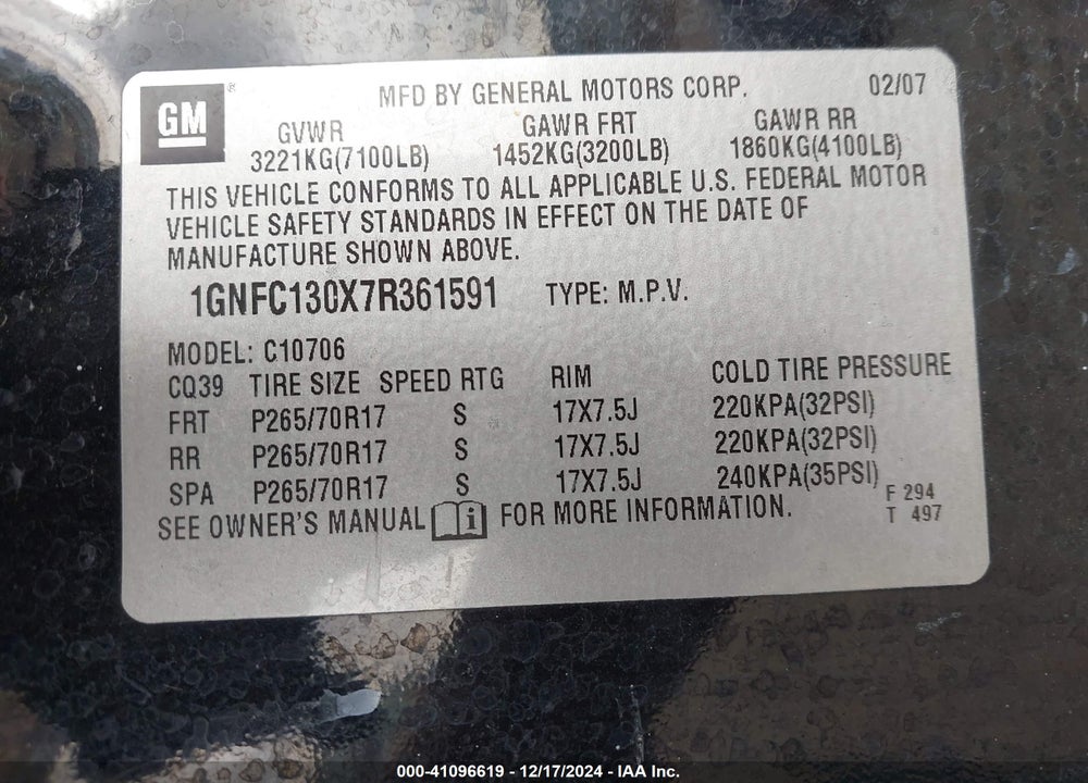 2007 CHEVROLET TAHOE LT VIN: 1GNFC130X7R361591