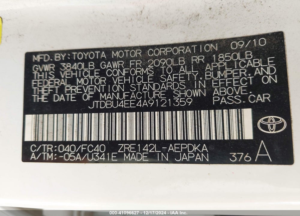 2010 TOYOTA COROLLA LE VIN: JTDBU4EE4A9121359