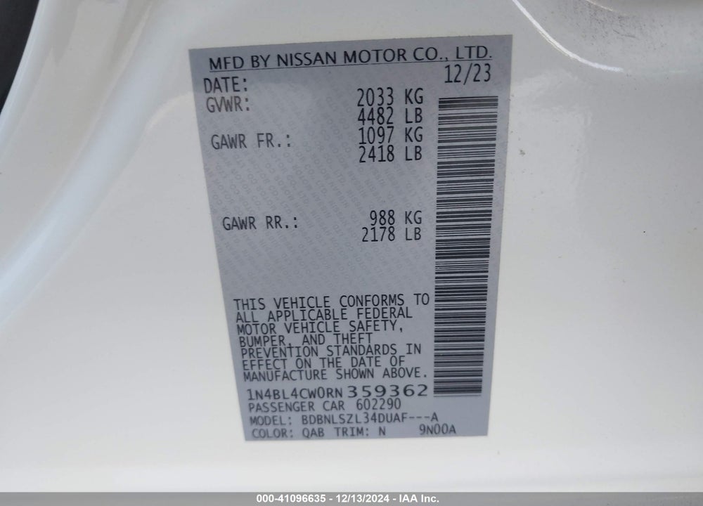 2024 NISSAN ALTIMA VIN: 1N4BL4CW0RN359362