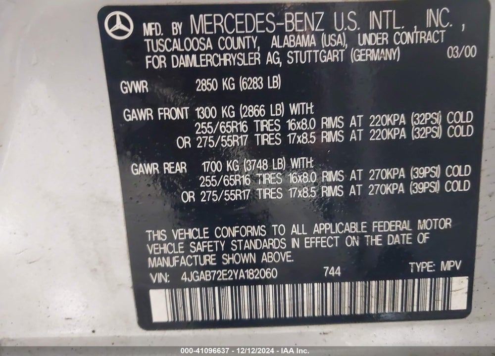 2000 MERCEDES-BENZ ML 430 VIN: 4JGAB72E2YA182060