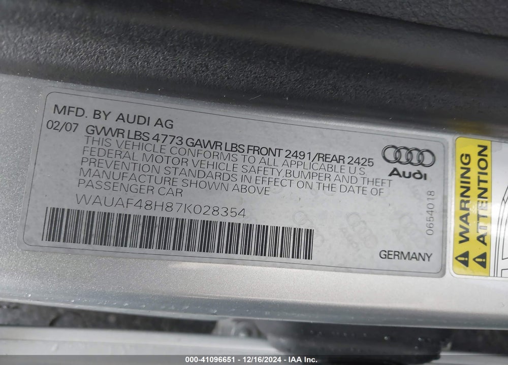 2007 AUDI A4 VIN: WAUAF48H87K028354