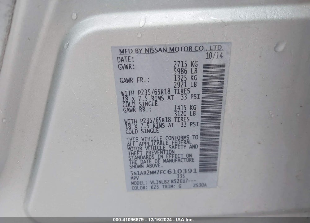2015 NISSAN PATHFINDER S VIN: 5N1AR2MM2FC610391