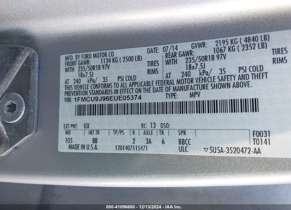 2014 FORD ESCAPE TITANIUM VIN: 1FMCU9J96EUE05374