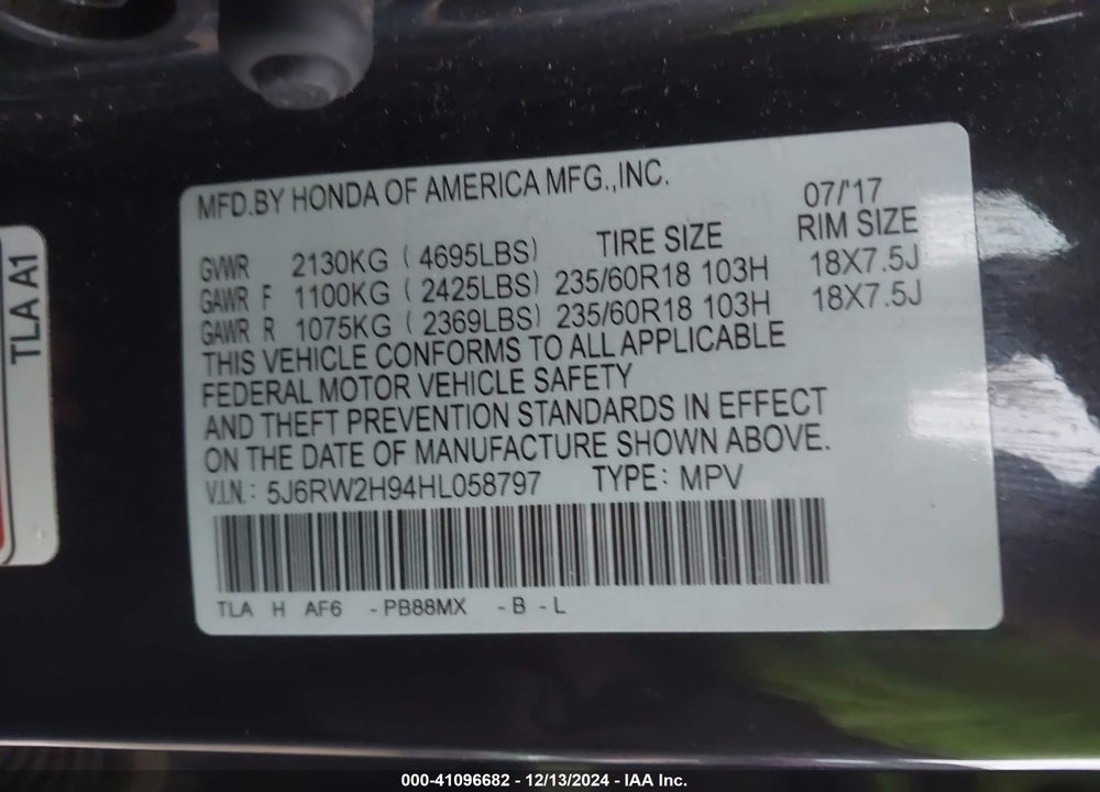 2017 HONDA CR-V TOURING VIN: 5J6RW2H94HL058797